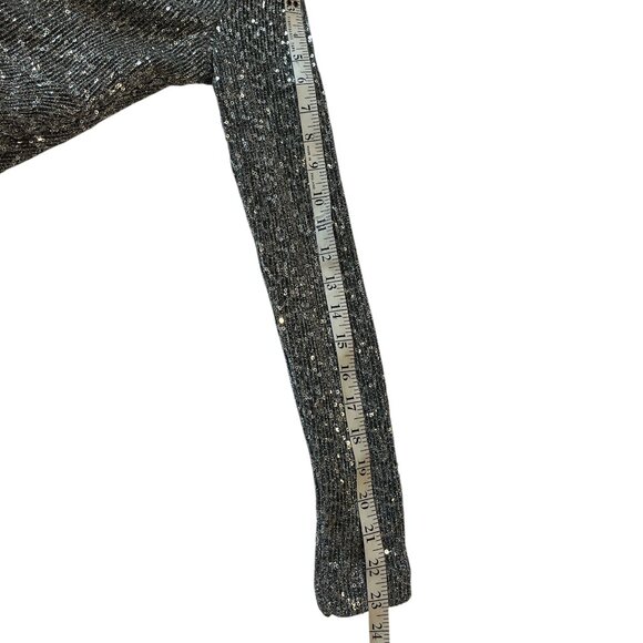 ZARA Silver Sequins Crop Top Size Small Twist Knot Plunge Front Long Sleeves - Picture 10 of 11